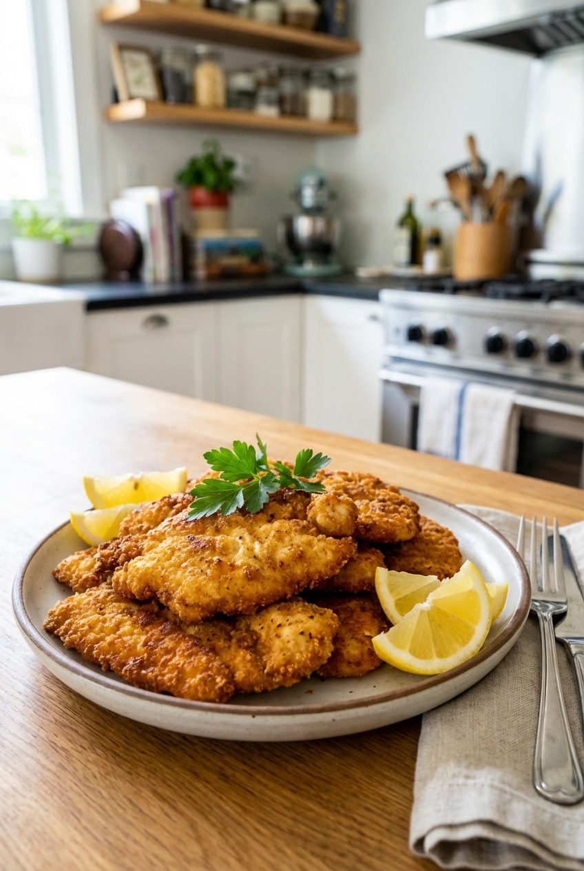 A plate of crispy chicken cutlets with lemon wedges