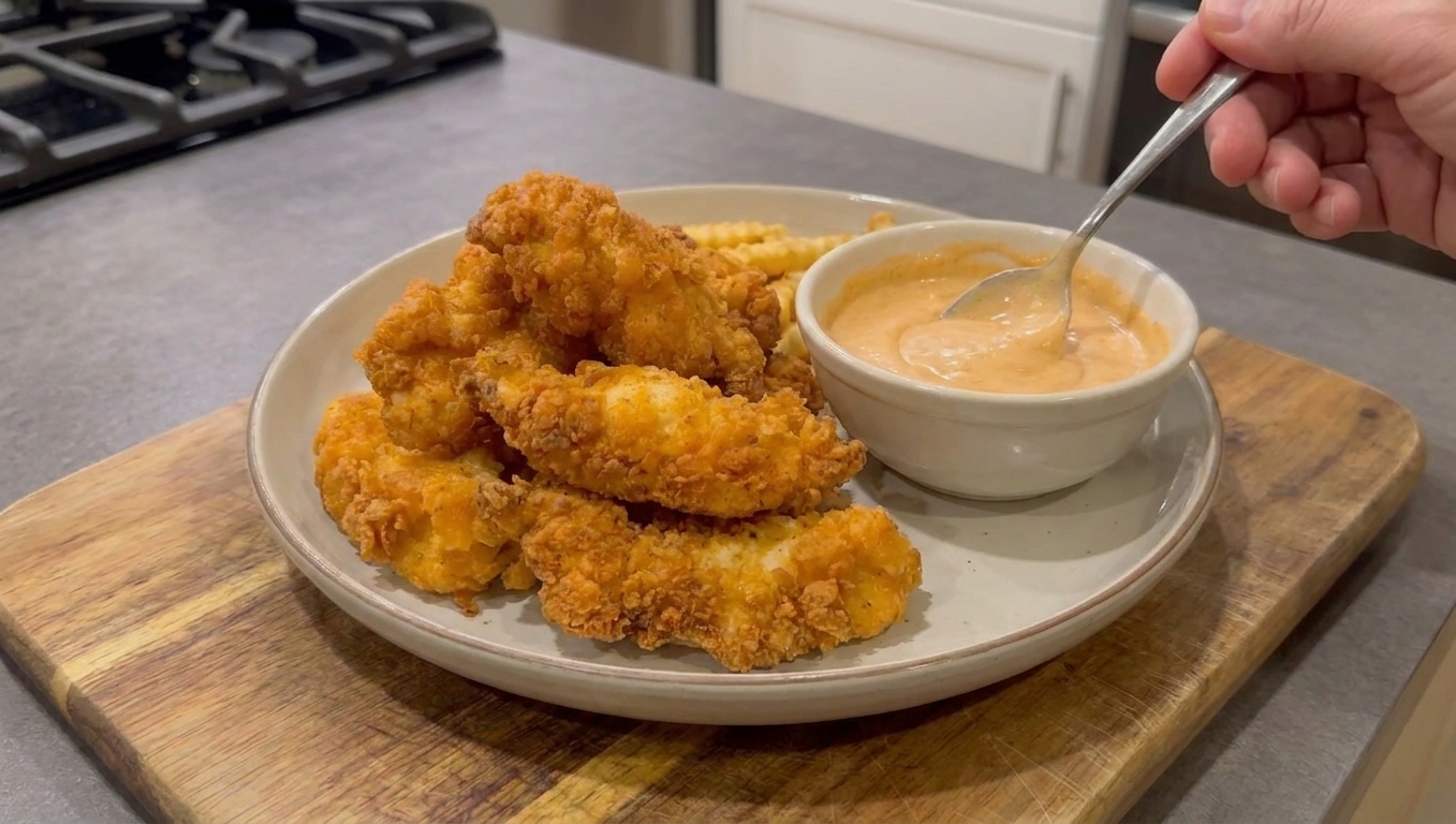 A plate of crispy chicken fingers with a ramekin of creamy dipping sauce on a simple table setting