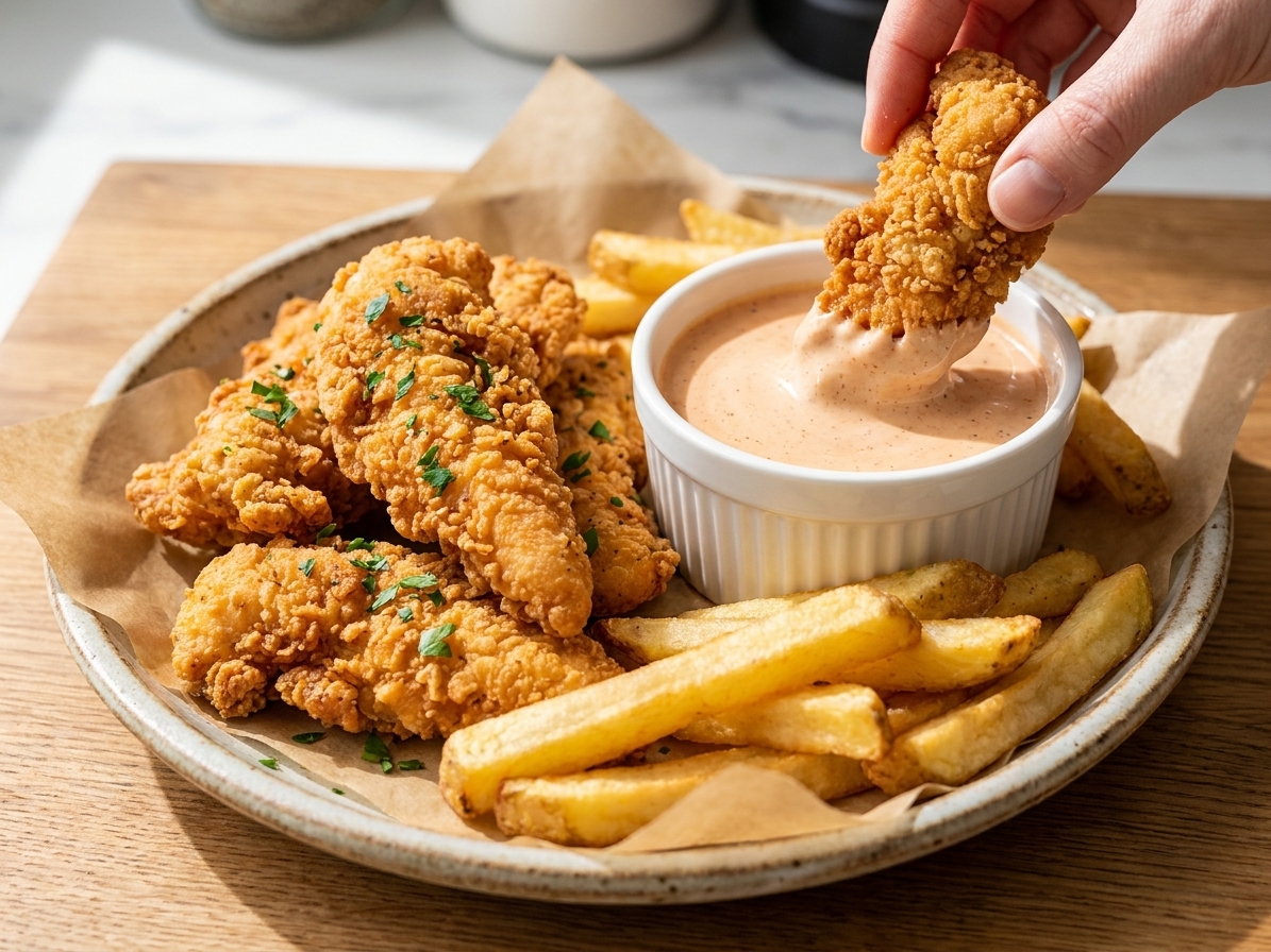 A plate of crispy chicken tenders and golden fries with a ramekin of creamy Cane's-style sauce ready for dipping