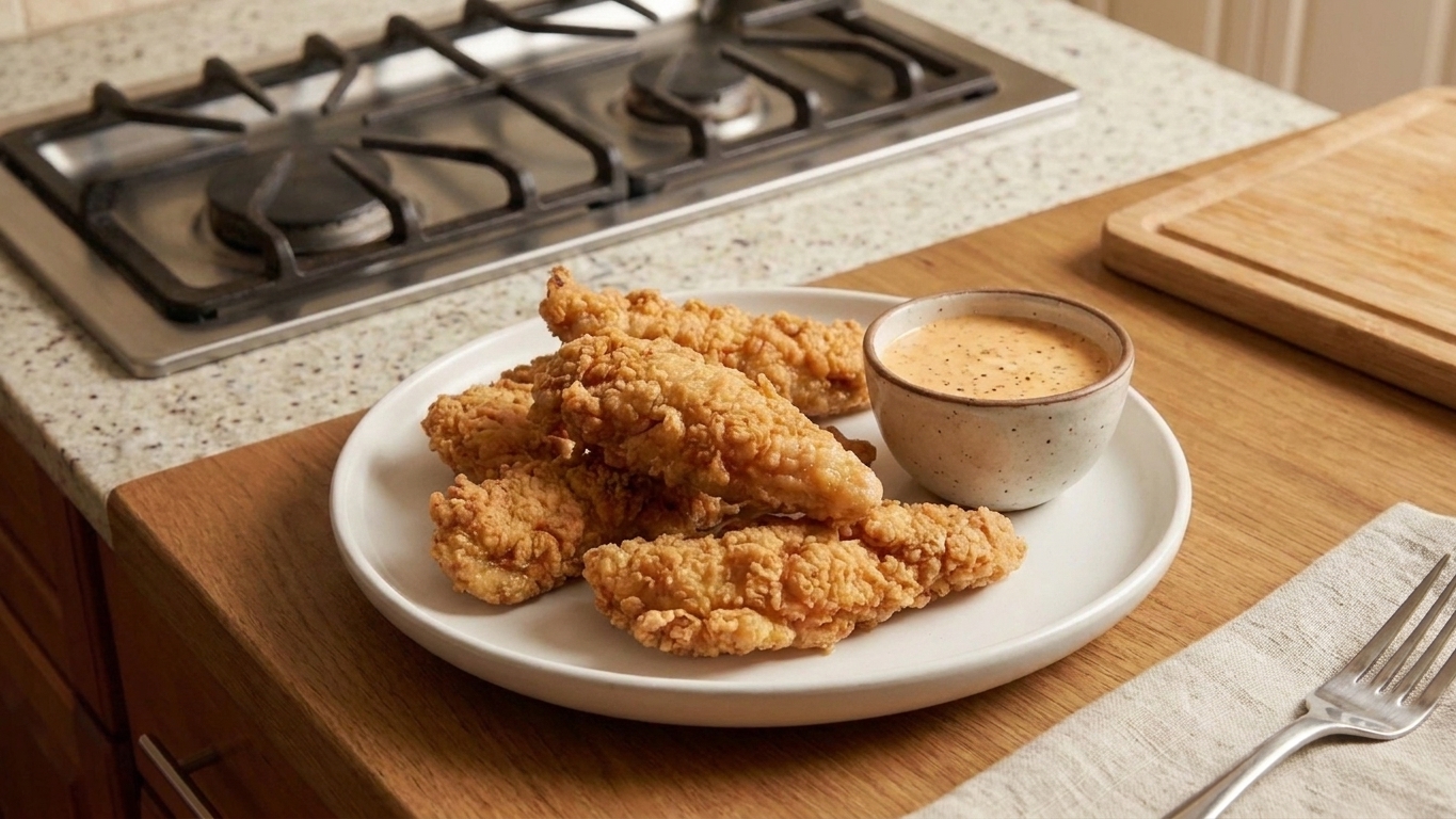 A plate of crispy chicken tenders served with a small cup of creamy dipping sauce on a simple dinner table