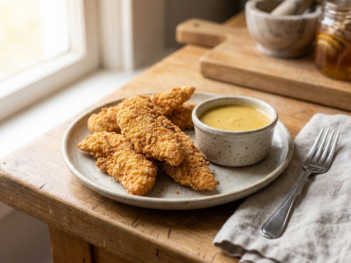 A plate of crispy chicken tenders with a small ramekin of honey mustard sauce on a simple dinner table setting in warm light