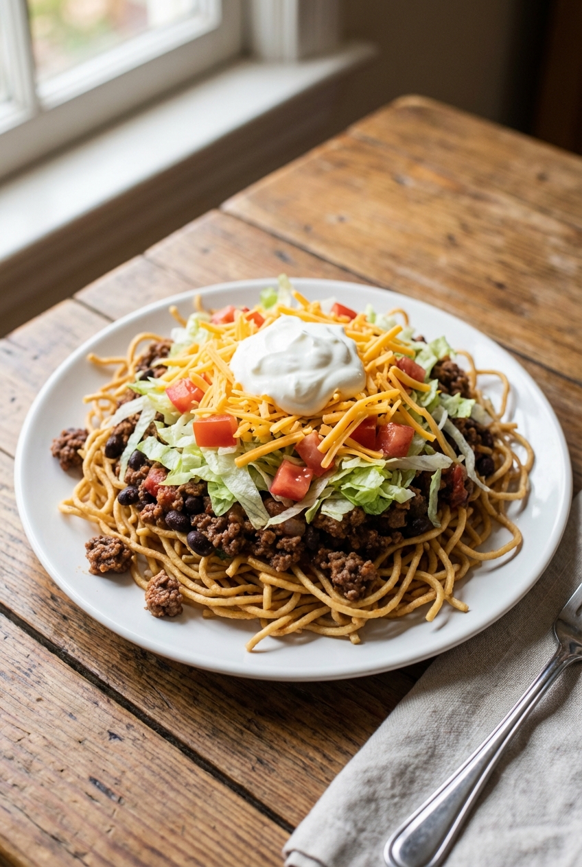 Classic Taco Haystacks with Chow Mein Noodles