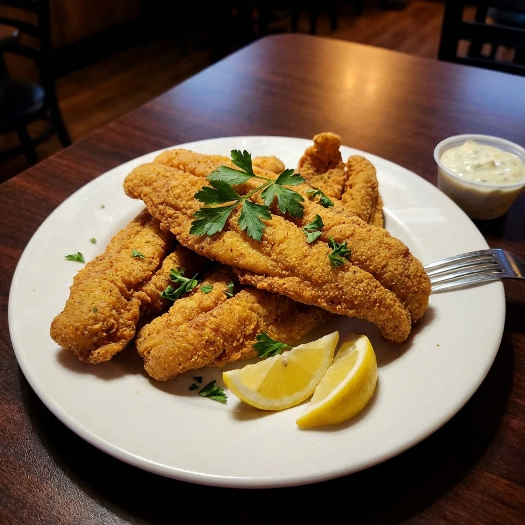 A plate of crispy fried catfish with lemon wedges