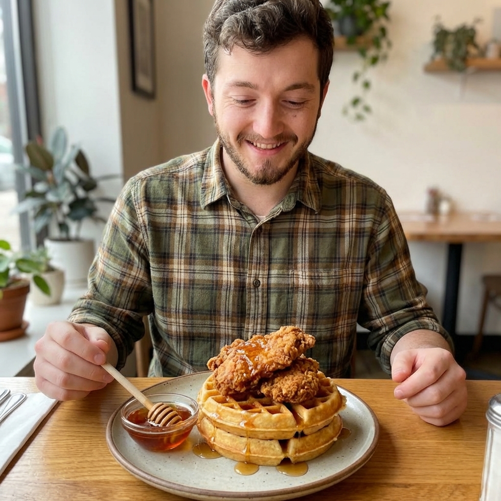 A plate of crispy fried chicken stacked on golden waffles with maple syrup dripping, set on a brunch table with a small bowl of hot honey