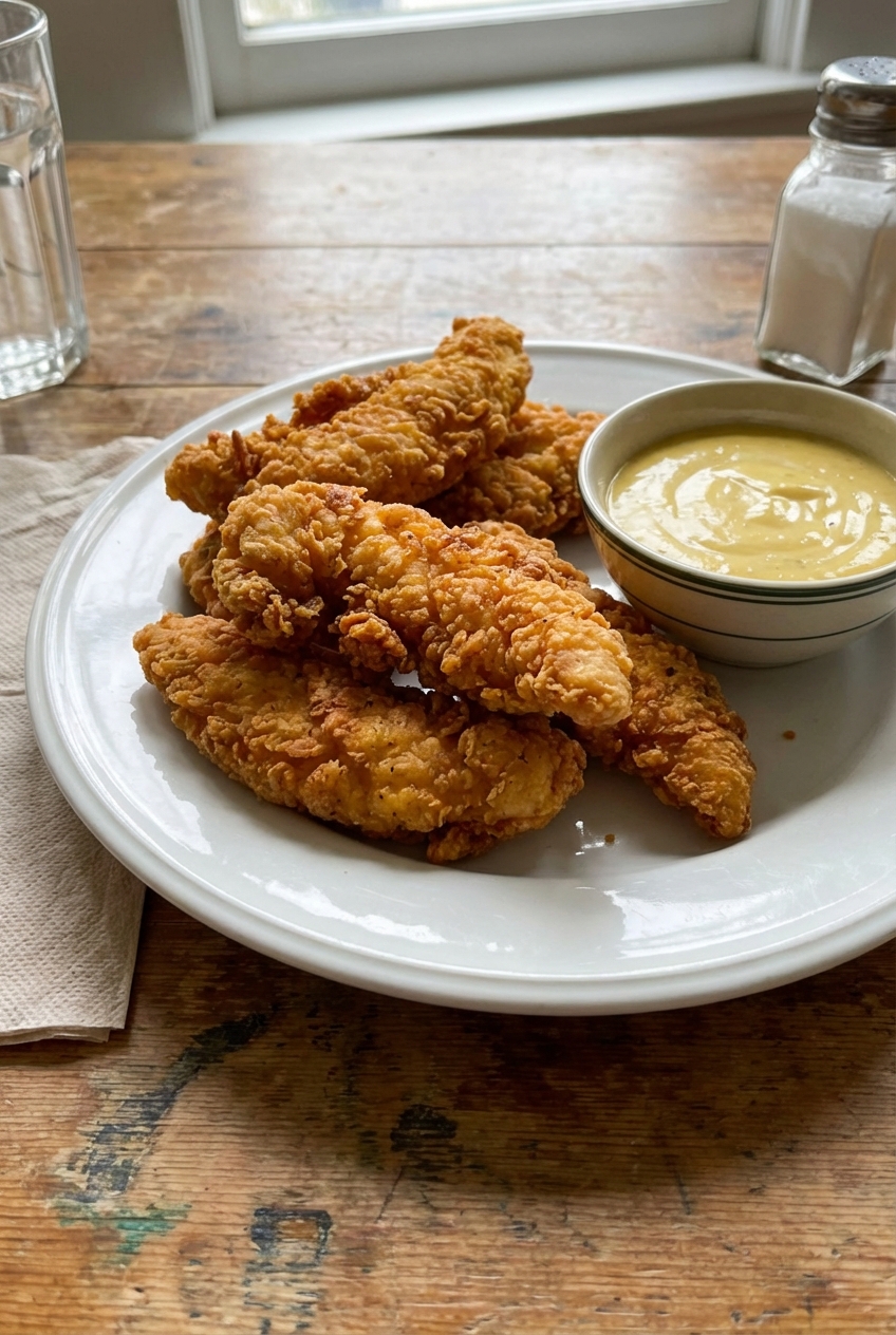 A plate of crispy fried chicken tenders with a dipping sauce