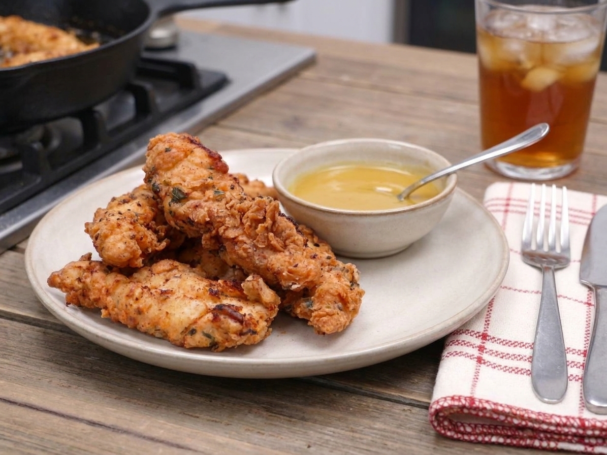 A plate of crispy fried chicken tenders with a small bowl of honey mustard and a simple table setting under warm kitchen lighting