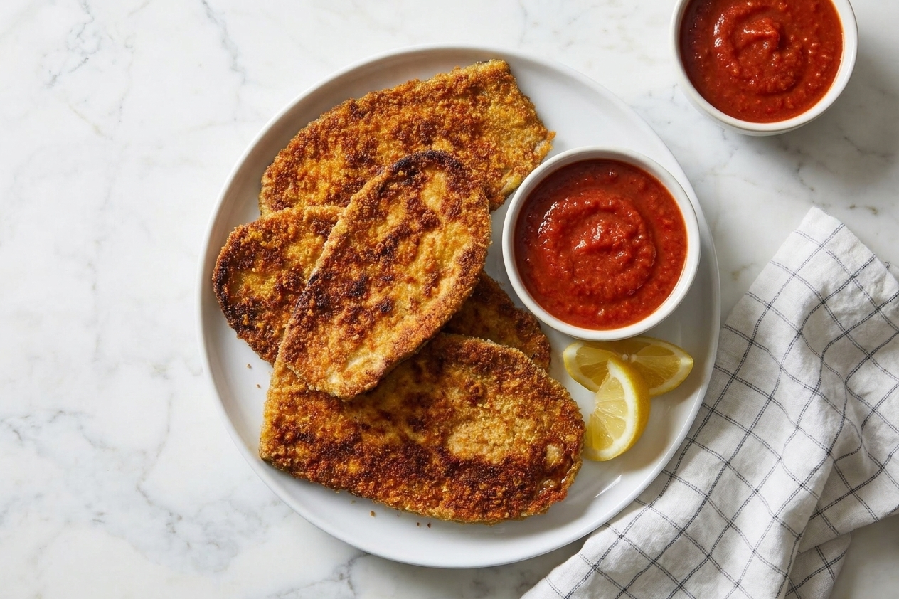 A plate of crispy fried eggplant rounds served with a small bowl of marinara sauce and lemon wedges on a kitchen table