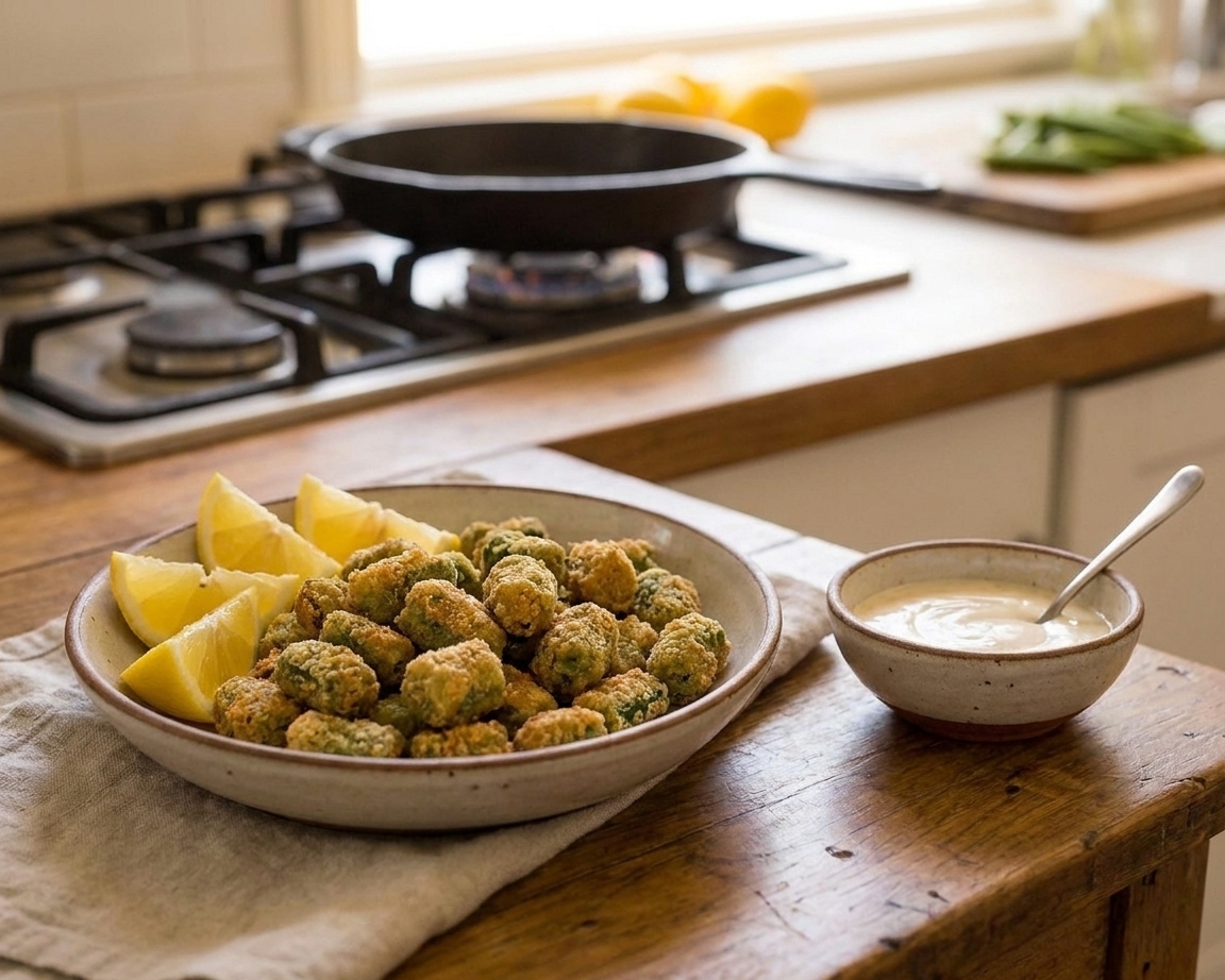 A plate of crispy fried okra served with lemon wedges and a small dipping sauce bowl on a simple dinner table