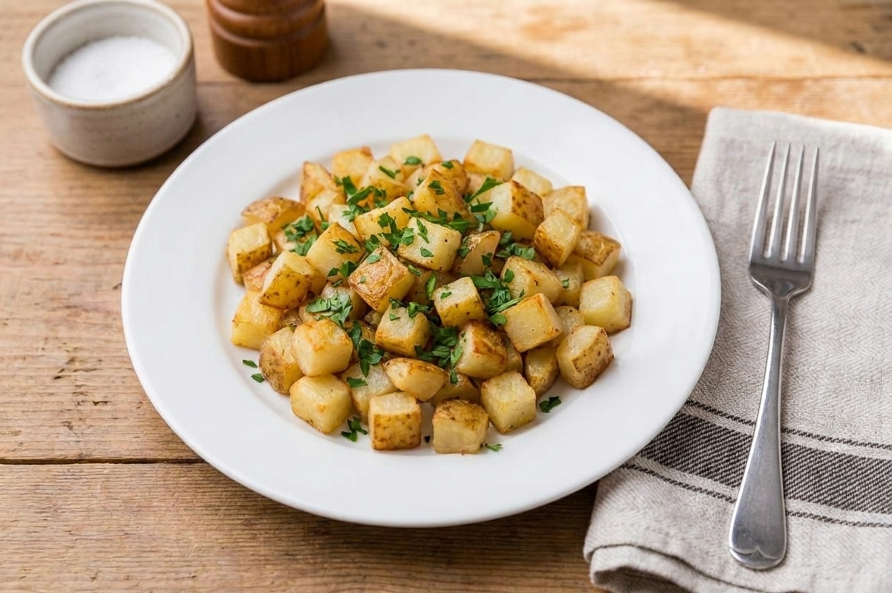 A plate of crispy fried potatoes garnished with parsley on a simple breakfast table setting with a fork and a napkin
