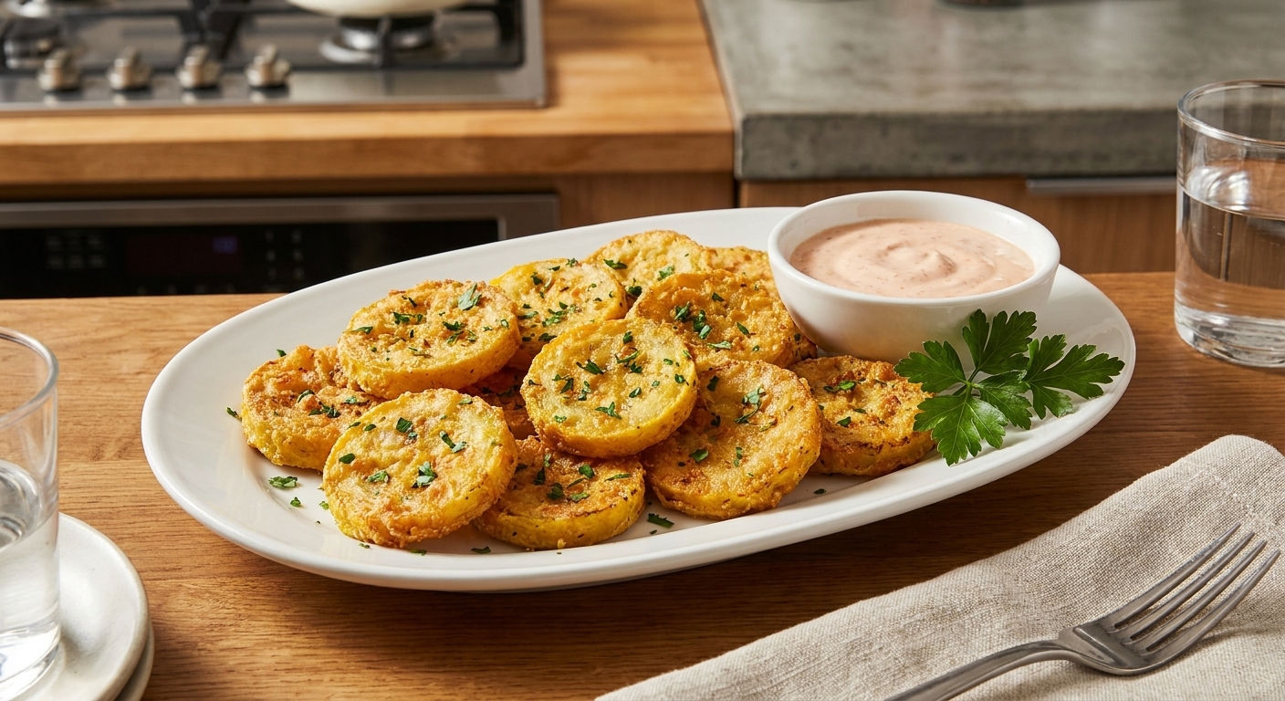 A plate of crispy fried squash rounds served with a small bowl of creamy dipping sauce on a dinner table