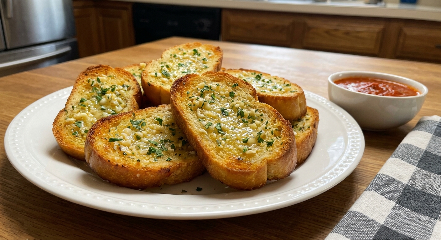 A plate of crispy garlic bread slices