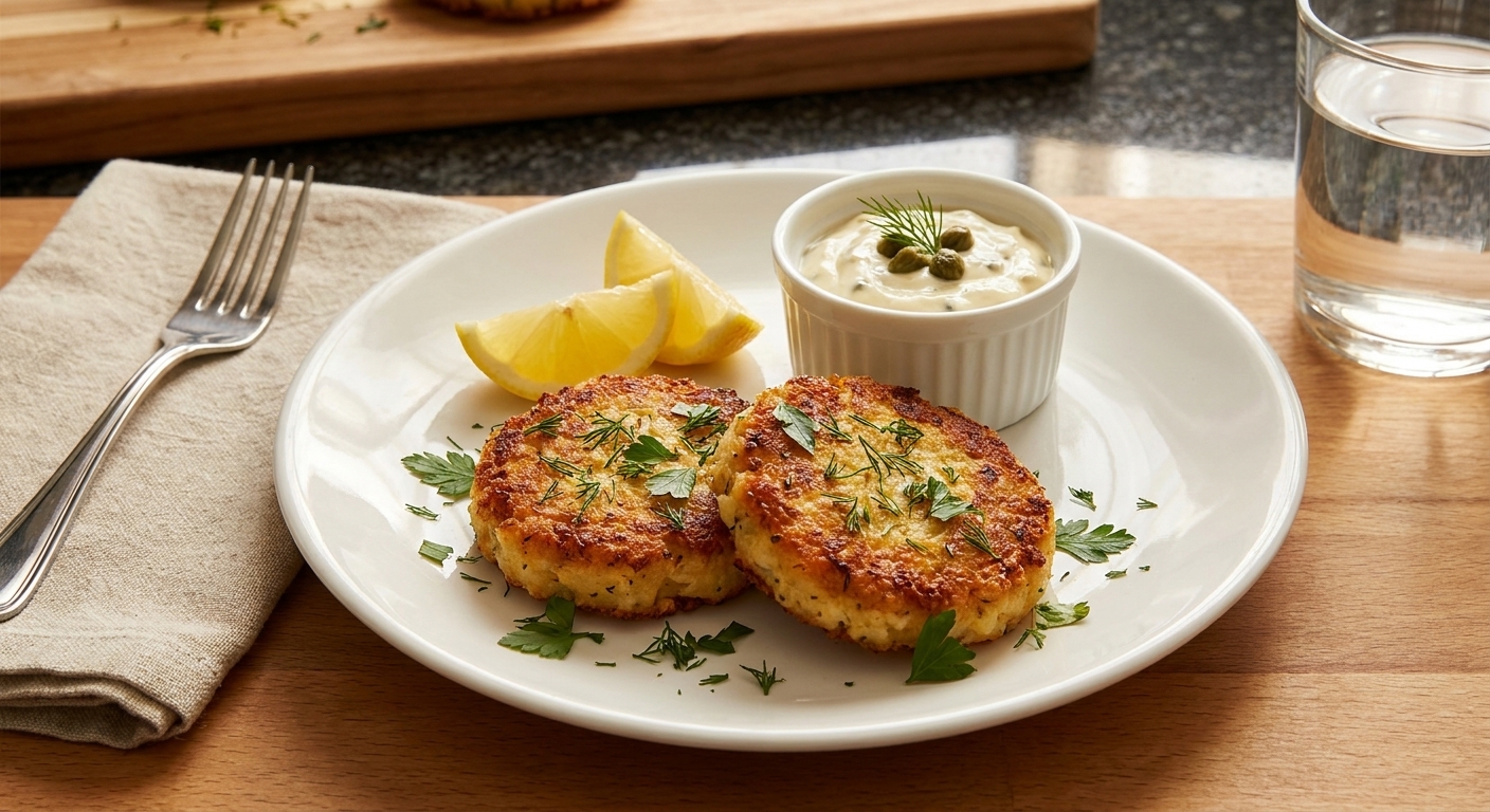 A plate of crispy golden hearts of palm cakes topped with fresh herbs, served with a small bowl of lemon-caper mayo on a wooden kitchen table in warm natural light