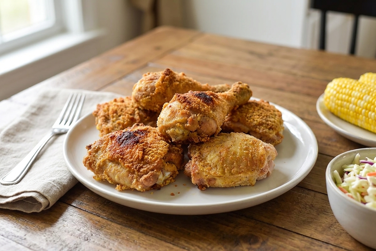 A plate of crispy oven baked fried chicken with golden crust and crunchy edges served on a simple dinner table setting