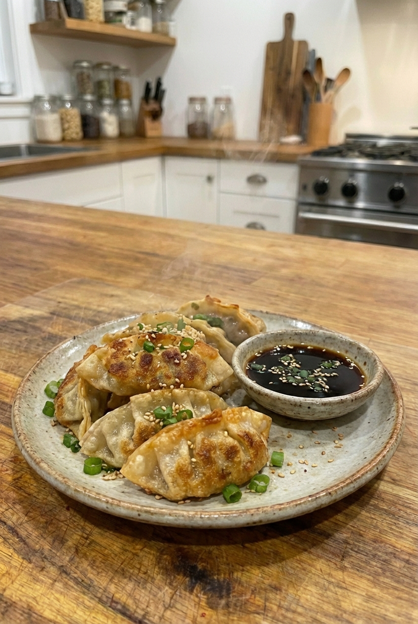 A plate of crispy pan-fried dumplings with a small dish of soy dipping sauce