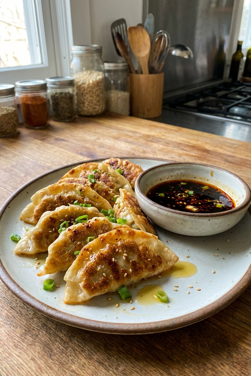 A plate of crispy pan-fried dumplings with a small bowl of dipping sauce