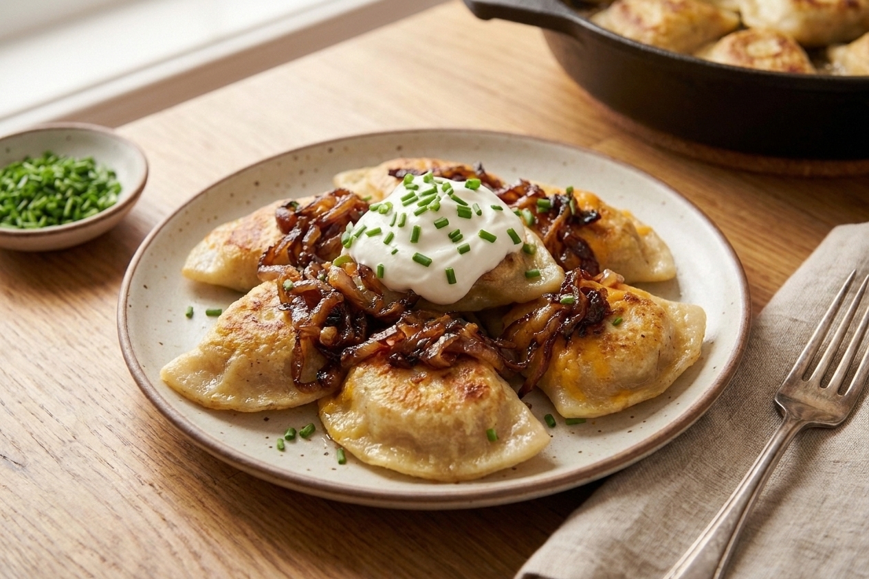 A plate of crispy pan-fried pierogies topped with caramelized onions, a dollop of sour cream, and chopped chives on a simple dinner table setting