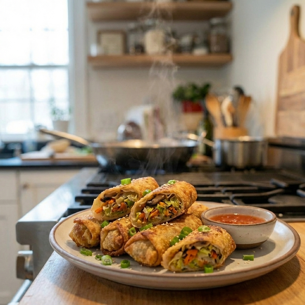 A plate of crispy pan-fried vegetable egg rolls