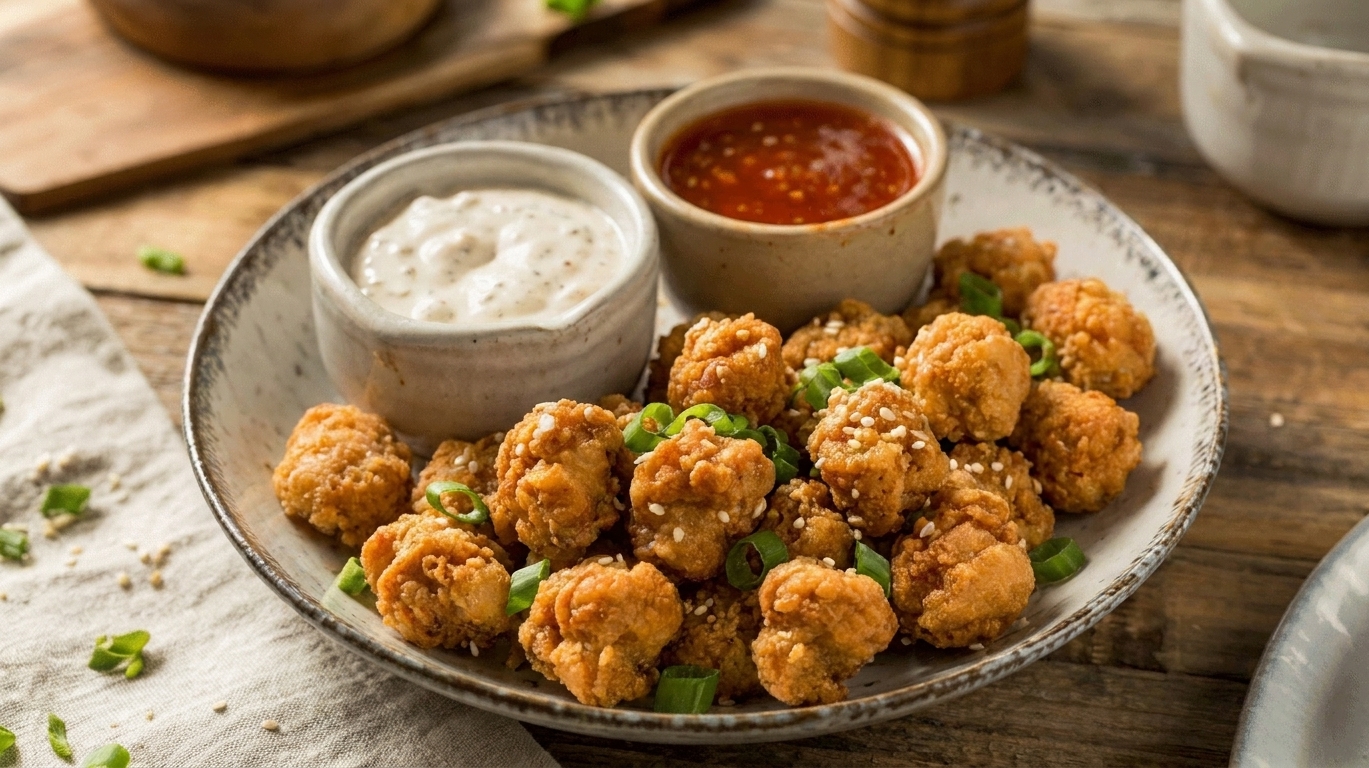 A plate of crispy popcorn chicken served with two small ramekins of dipping sauces on a simple table setting