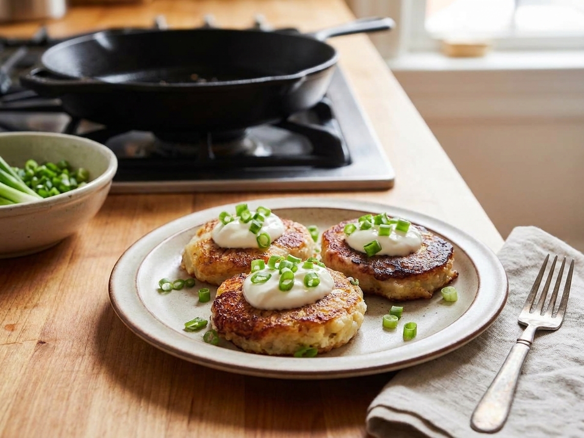 A plate of crispy potato cakes topped with a spoonful of sour cream and chopped green onions on a wooden table