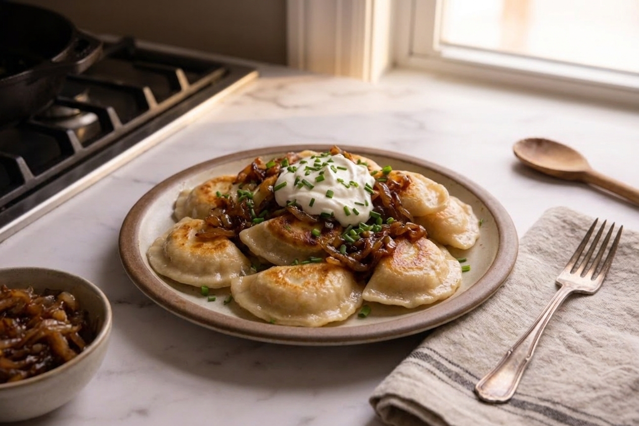 A plate of crispy potato perogies topped with caramelized onions, chives, and sour cream on a simple dinner table setting