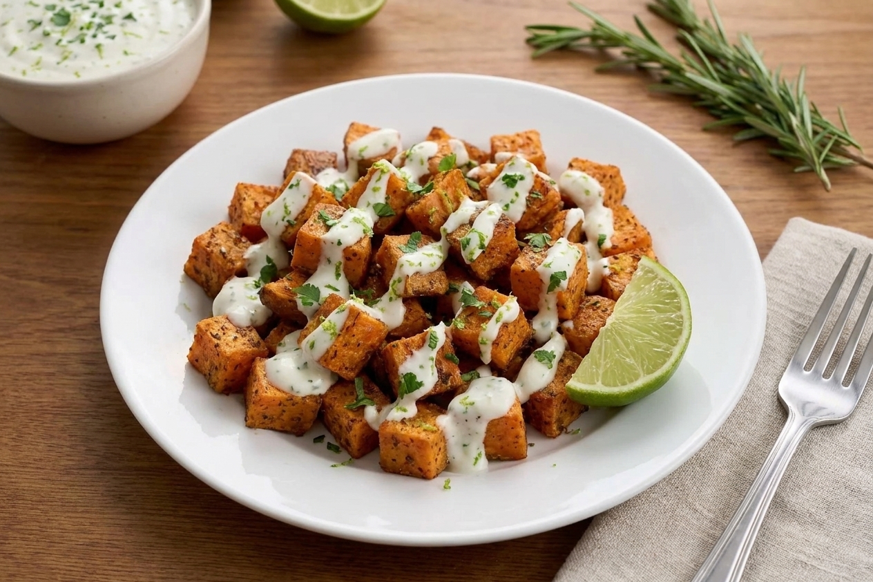 A plate of crispy roasted sweet potatoes with a drizzle of creamy lime-garlic sauce and a lime wedge on the side, set on a simple dinner table