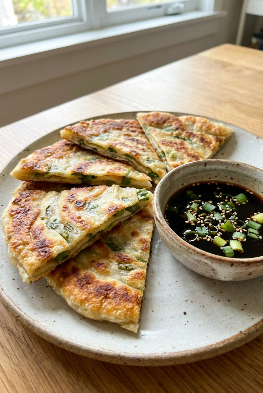 A plate of crispy scallion pancakes on a ceramic plate with a small dipping sauce bowl