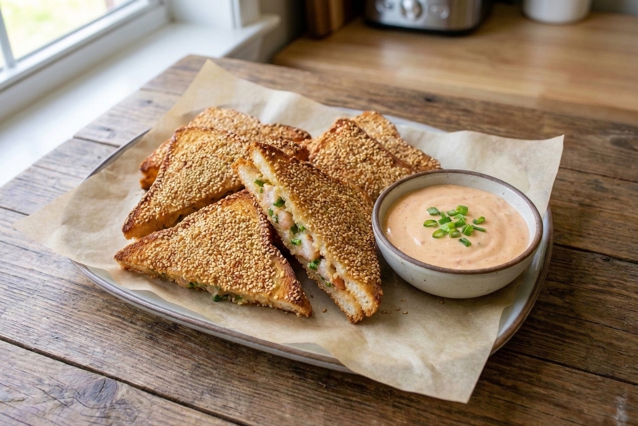A plate of crispy shrimp toast triangles served with a small bowl of spicy mayo on a wooden table with a simple table setting