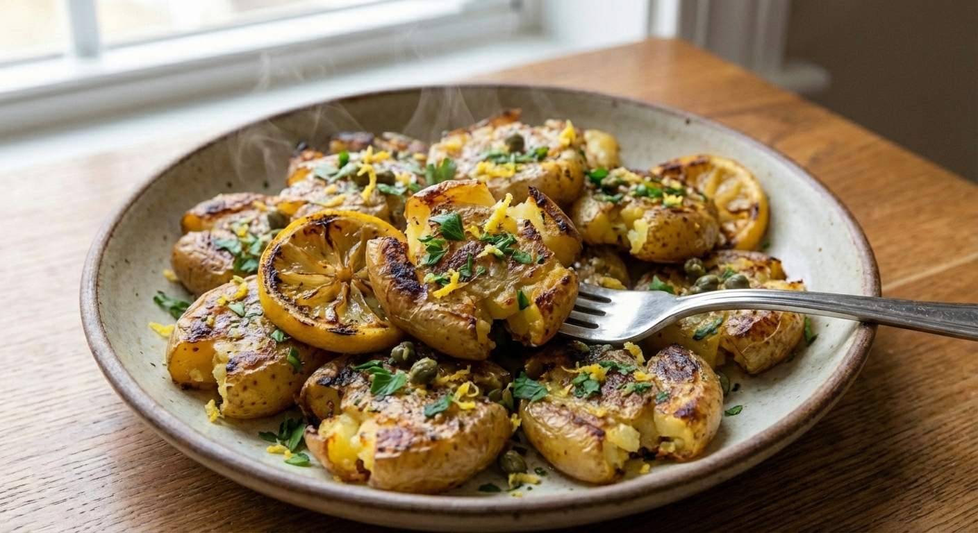 A plate of crispy smashed baby potatoes with golden edges