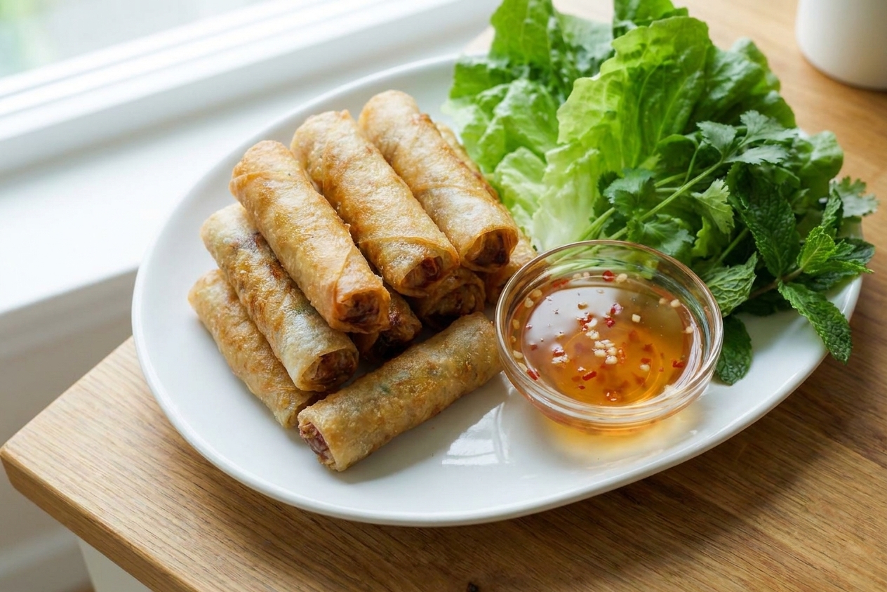 A plate of crispy spring rolls stacked beside a small bowl of fish sauce dipping sauce with sliced chili, served with lettuce and fresh herbs on a wooden table