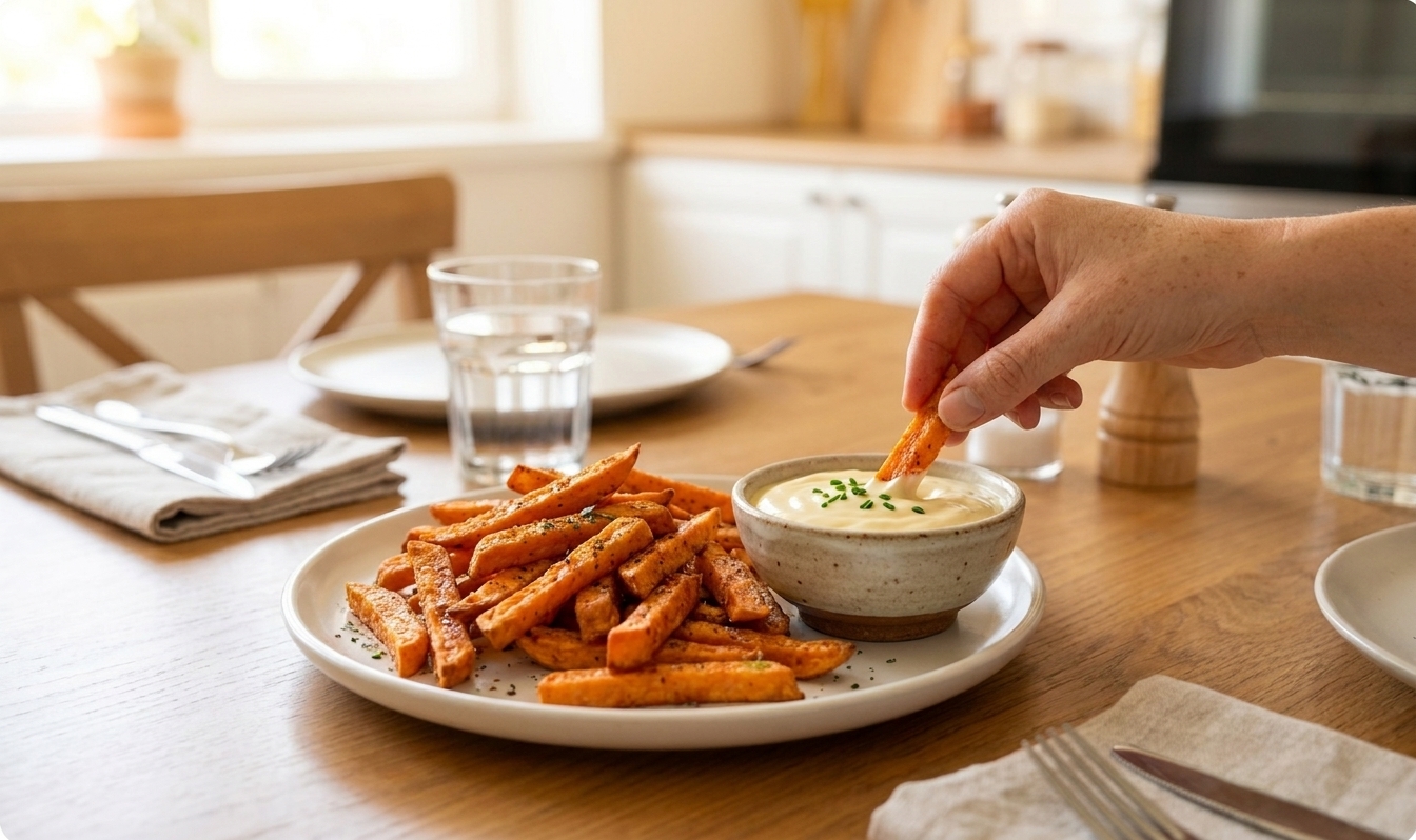 A plate of crispy sweet potato fries served with a small bowl of creamy dipping sauce on a simple family dinner table