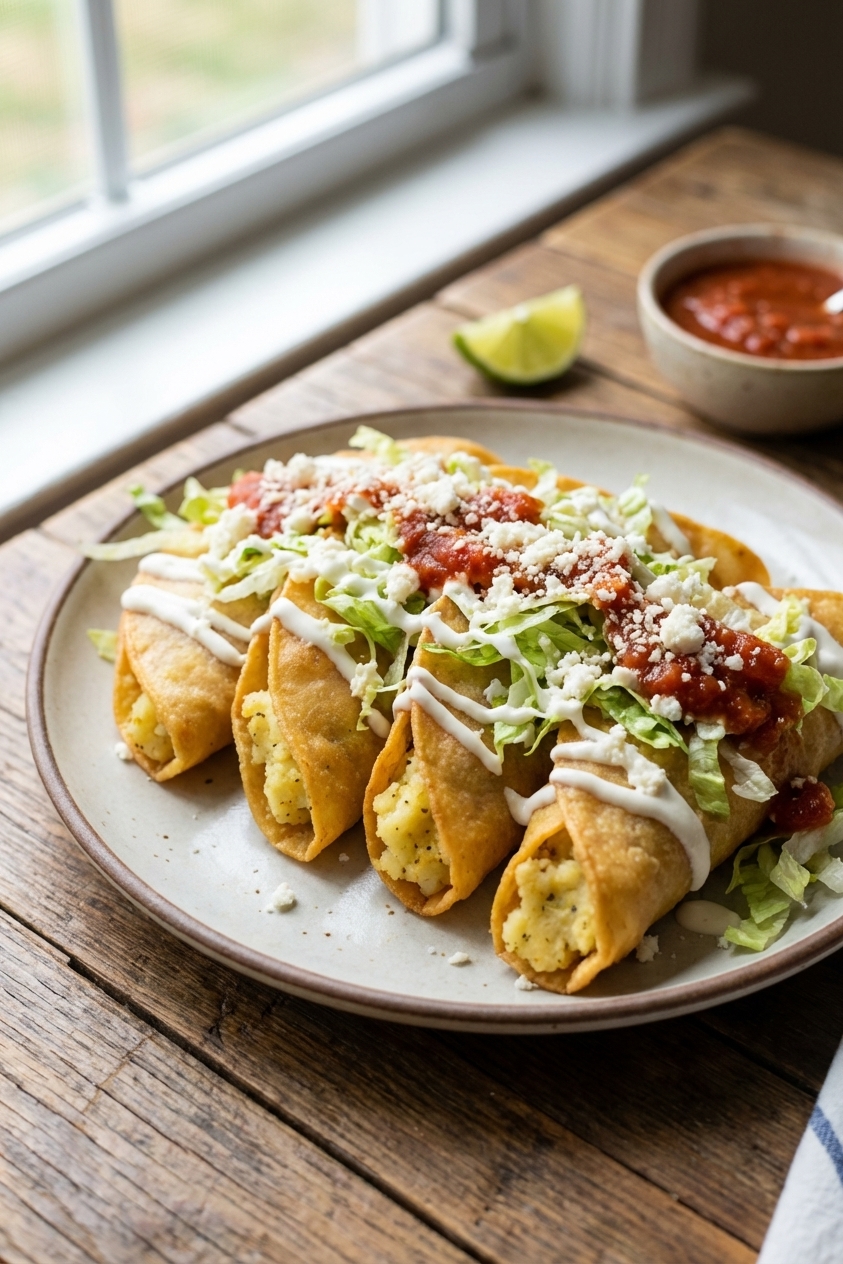 A plate of crispy tacos dorados de papa made with golden fried corn tortillas, filled with seasoned mashed potatoes, topped with shredded lettuce, crema, crumbled cotija, and salsa, natural window light, real food photography