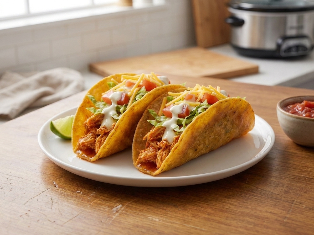 A plate of crispy tortilla-shell chicken chalupas topped with shredded lettuce, diced tomatoes, cheese, and lime crema on a warm kitchen table