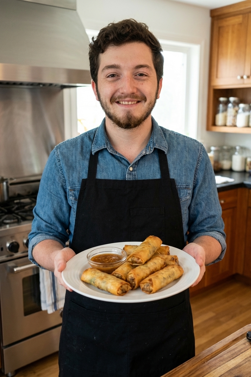 A plate of crispy vegetable spring rolls with dipping sauce