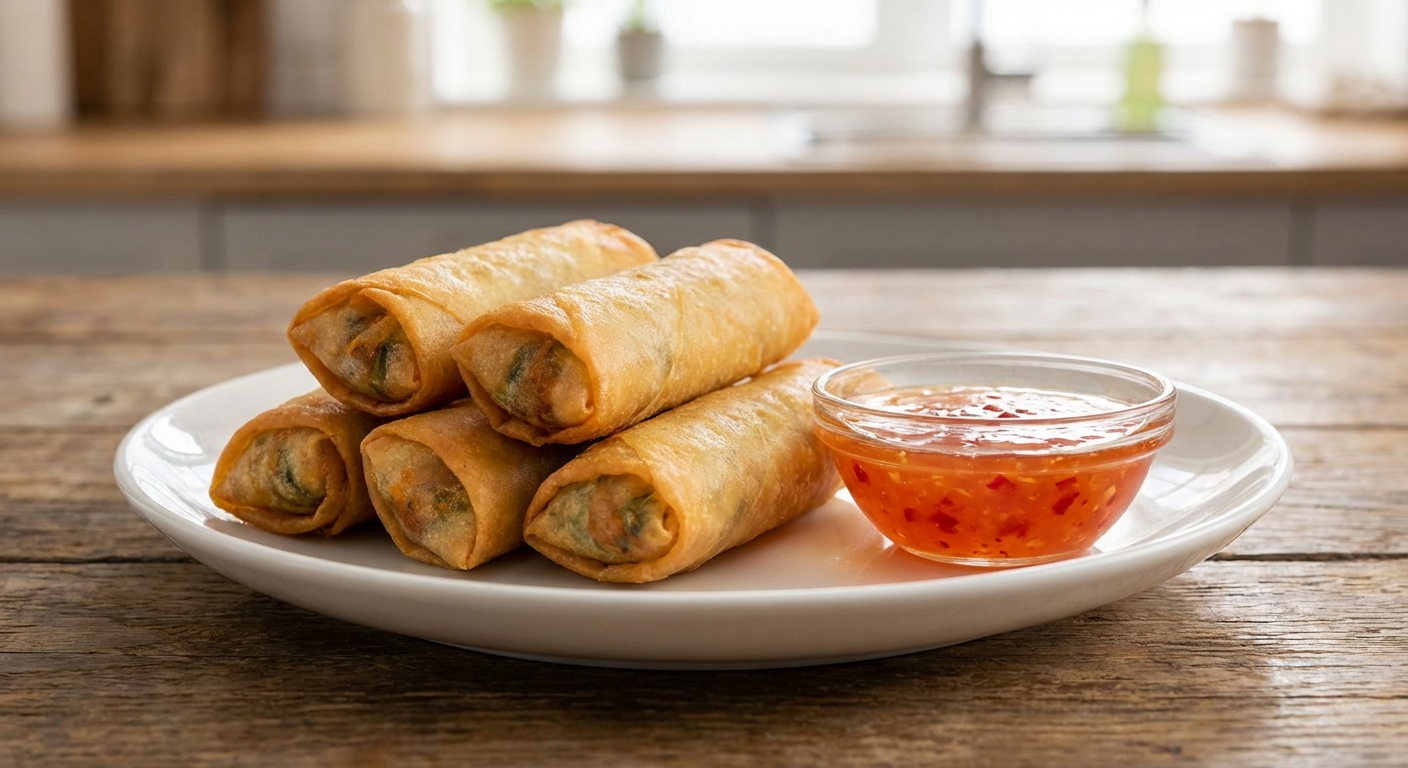 A plate of crispy vegetable spring rolls with sweet chili sauce