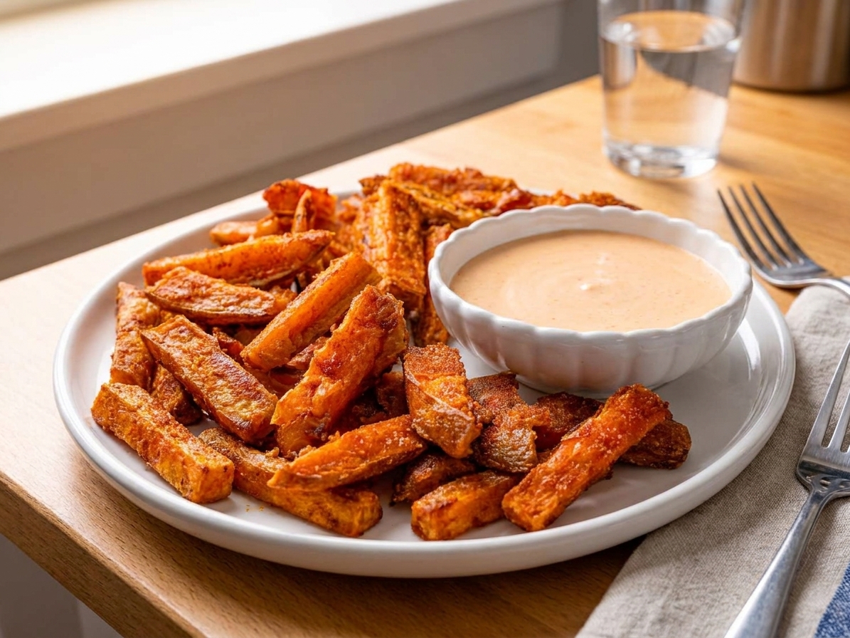 A plate of crispy yam fries served with a small bowl of creamy dipping sauce on a simple family dinner table setting