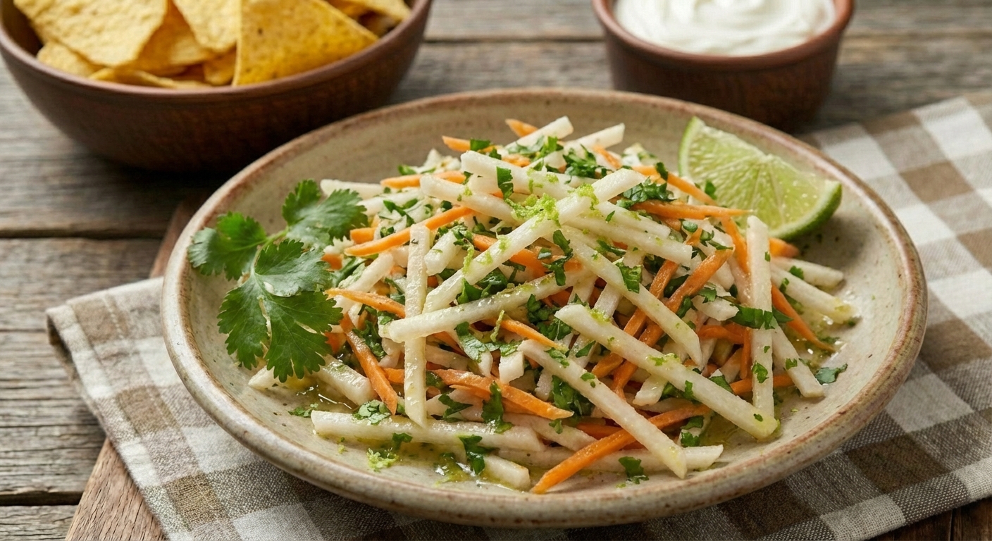 A plate of crunchy jicama slaw with carrots, cilantro, and a lime vinaigrette