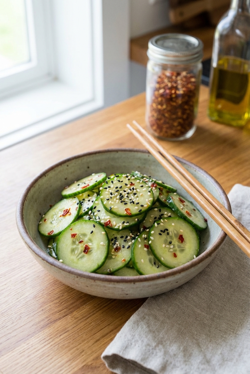 A plate of cucumber salad with sesame seeds and chili flakes in a small bowl