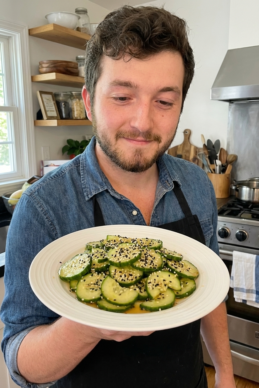 A plate of cucumber salad with sesame seeds and rice vinegar dressing
