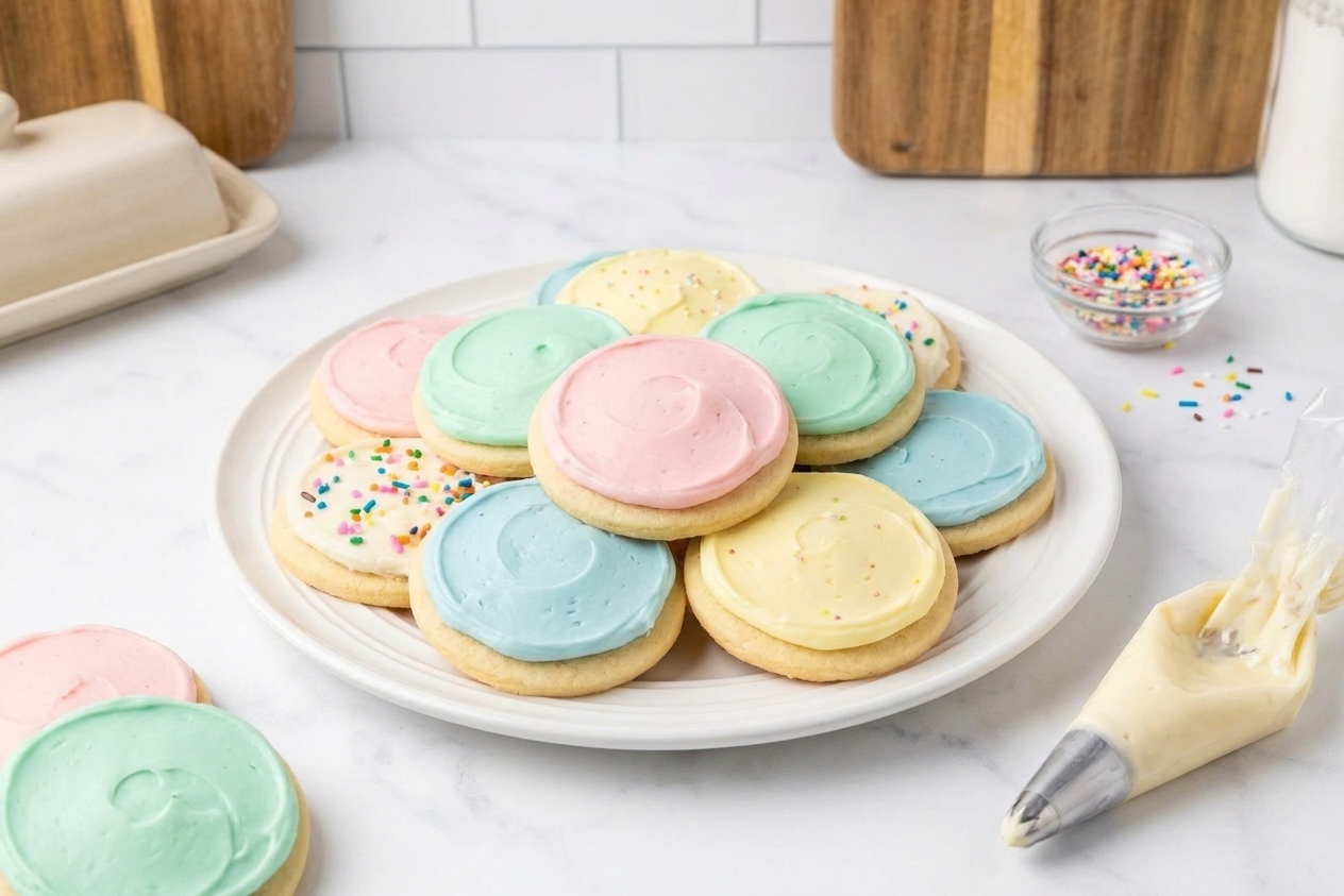 A plate of decorated sugar cookies with smooth set frosting in pastel colors on a simple kitchen table setting