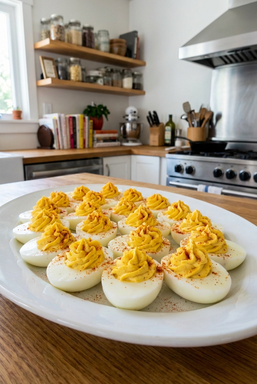 A plate of deviled eggs sprinkled with paprika on a white serving platter