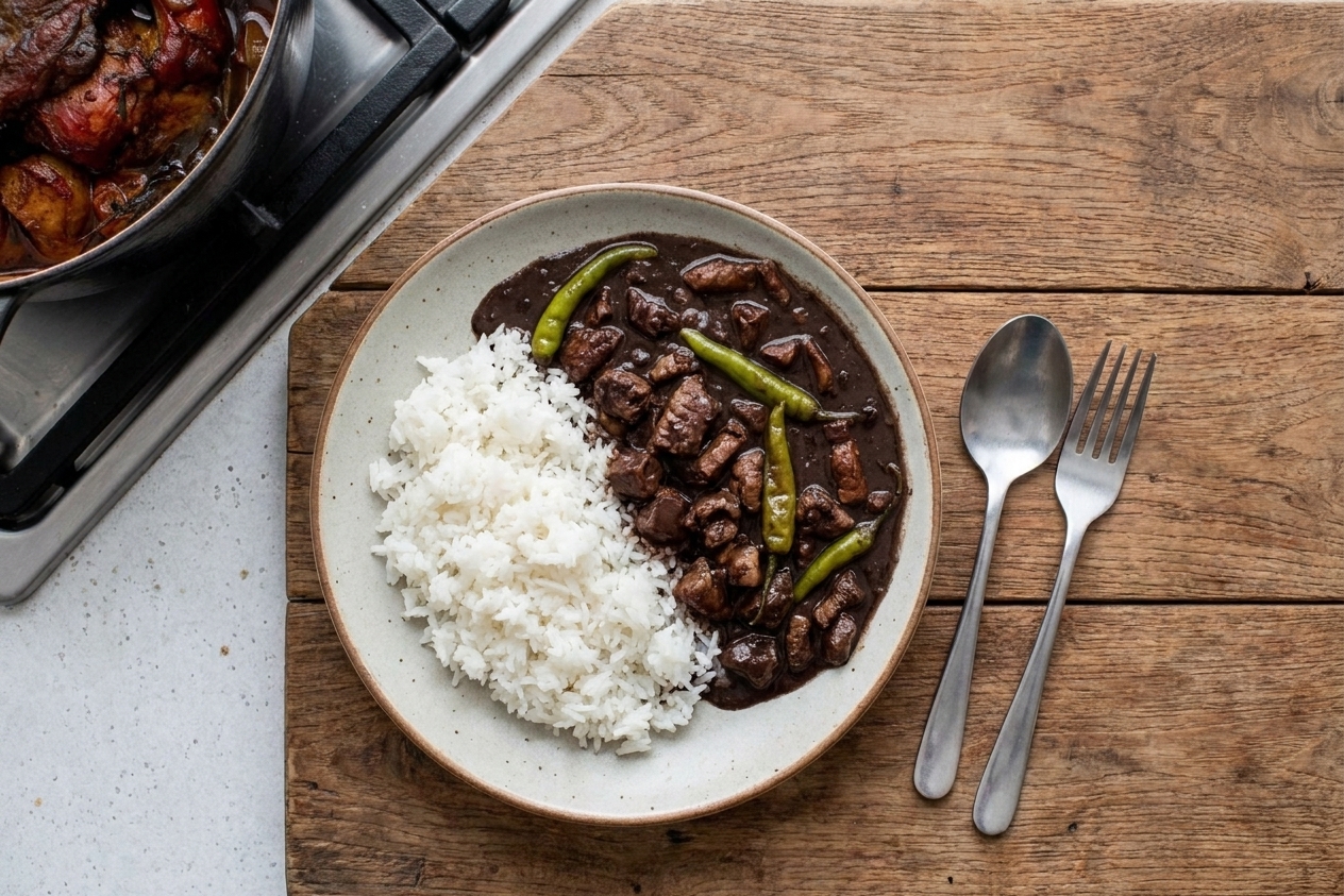 A plate of dinuguan served alongside a mound of steamed white rice with a simple spoon and fork on a wooden table