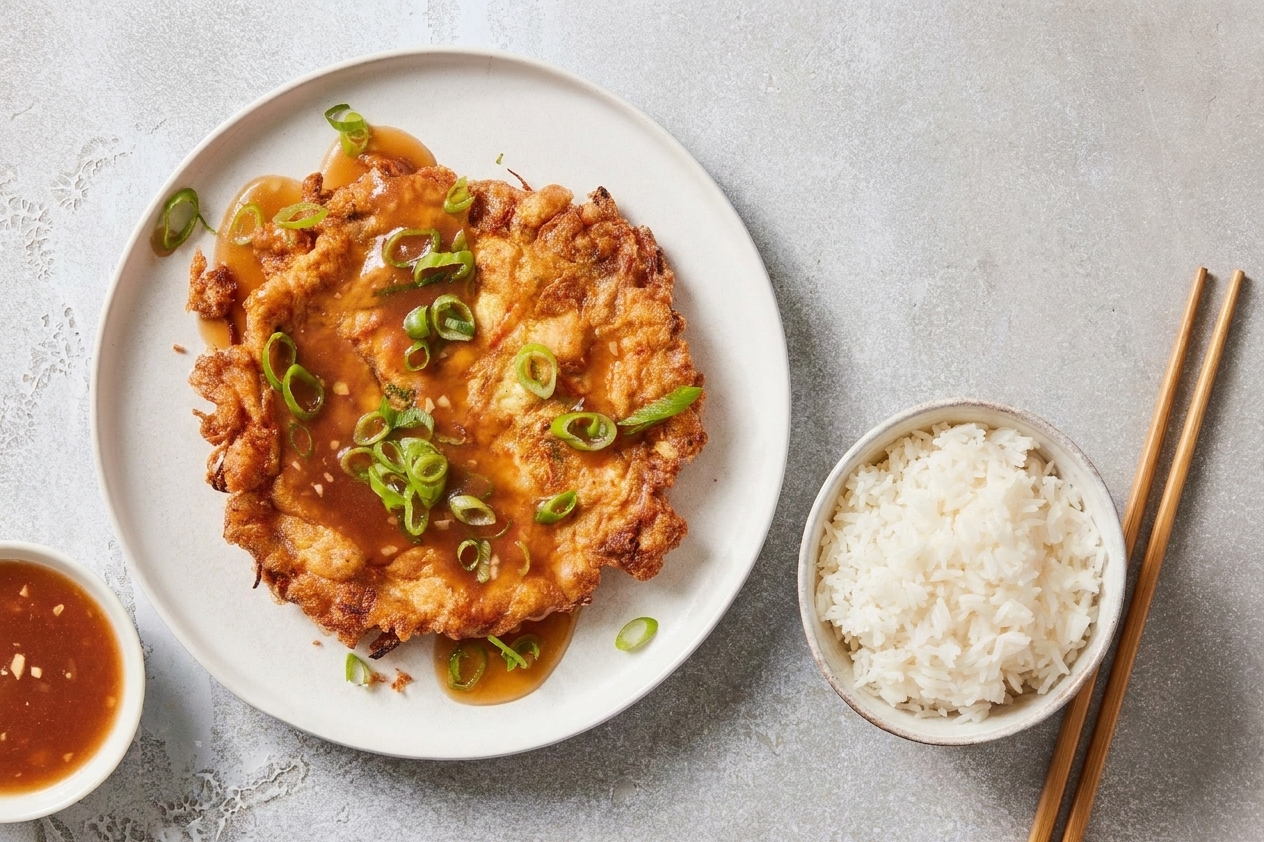 A plate of egg foo yung patties topped with glossy brown gravy and sliced scallions on a simple dinner table with chopsticks and a small bowl of rice