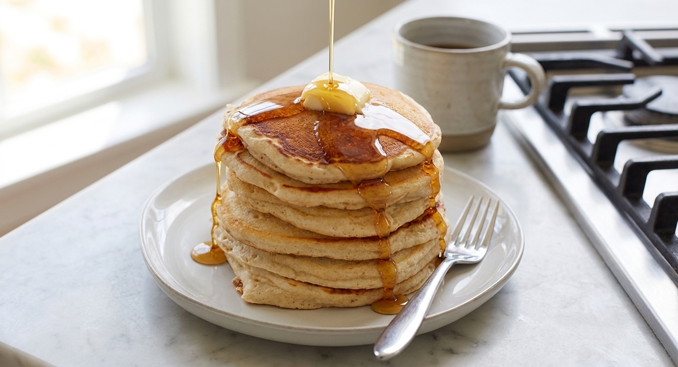 A plate of eggless pancakes topped with butter and maple syrup, with a fork on the side and a mug in the background