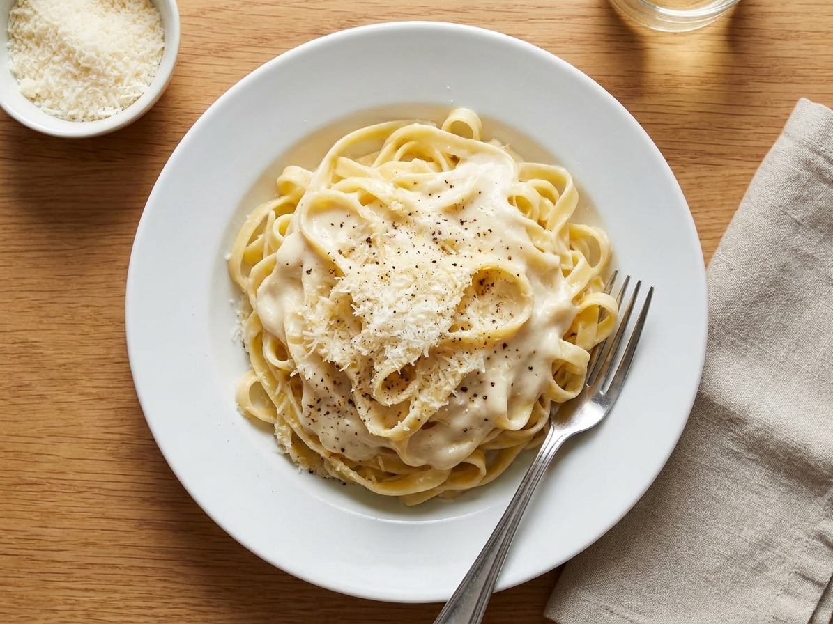A plate of fettuccine coated in creamy Alfredo sauce with freshly grated Parmesan on top on a simple dinner table