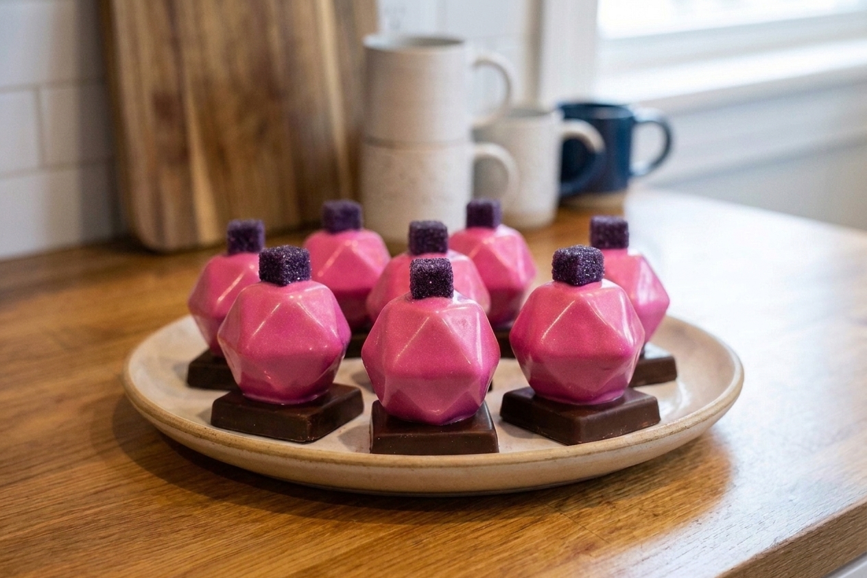A plate of finished Ender Crystal cake pops with sparkly pink shells and dark chocolate bases arranged neatly on a kitchen table