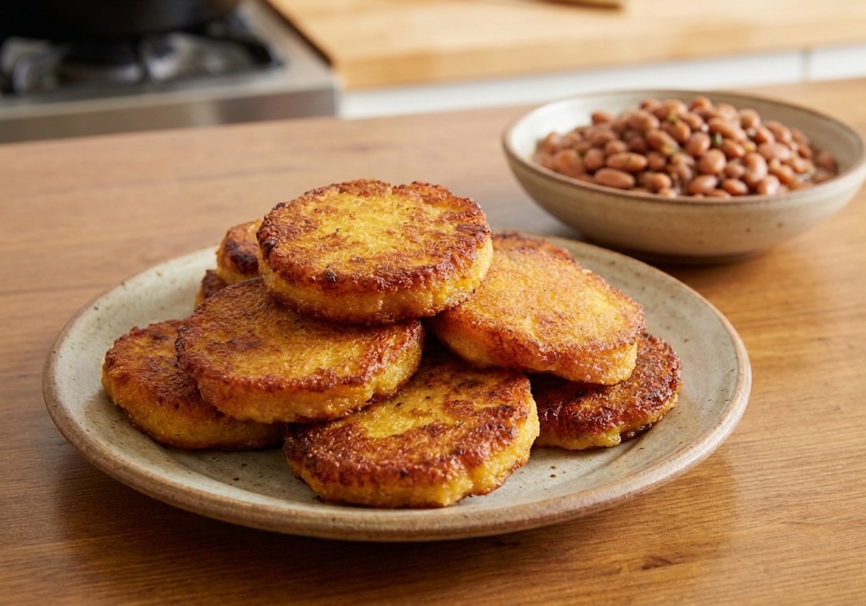 A plate of finished hot water cornbread cakes stacked with crisp edges, served on a simple dinner table with a small bowl of beans in the background