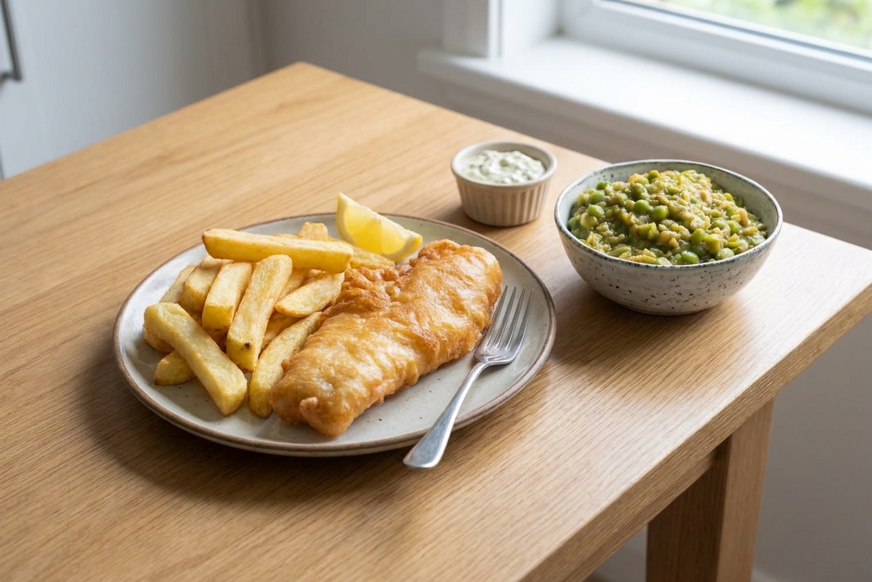 A plate of fish and chips with a small bowl of mushy peas on the side, set on a simple wooden table