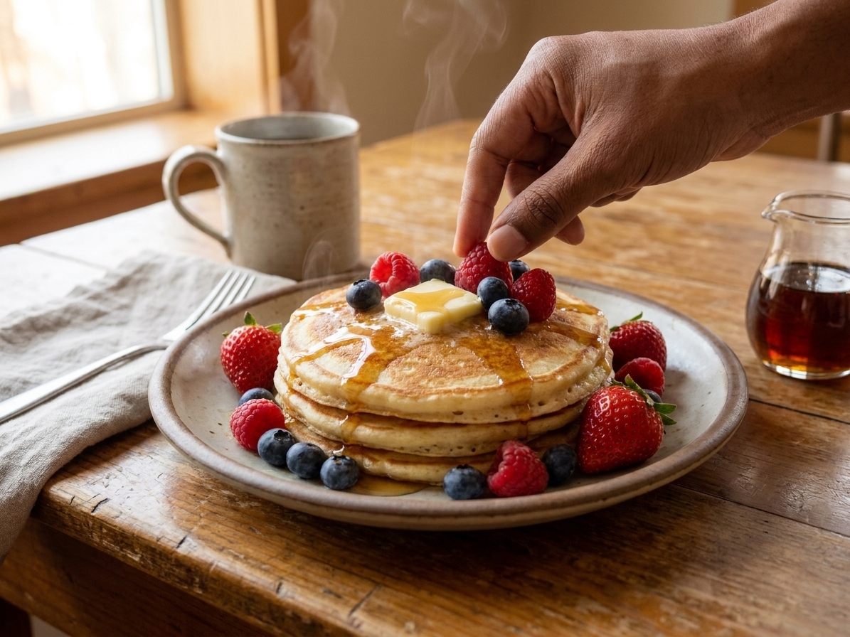 A plate of fluffy buttermilk pancakes topped with butter and fresh berries on a simple breakfast table setting
