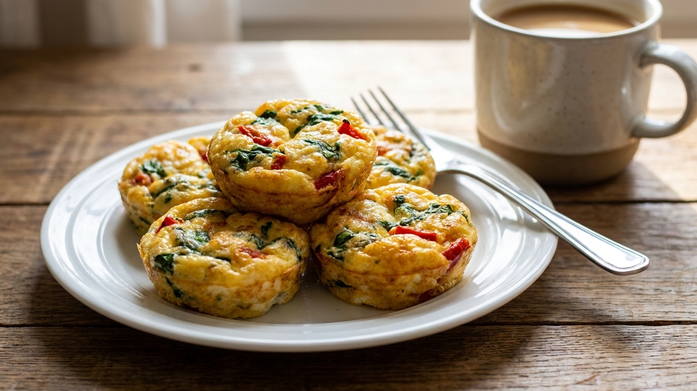 A plate of fluffy egg white bites with visible spinach and roasted red pepper pieces, set on a simple breakfast table with a fork and coffee in soft morning light