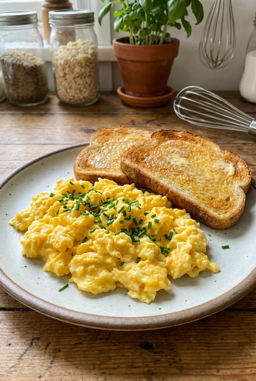 A plate of fluffy scrambled eggs topped with chives beside buttered toast